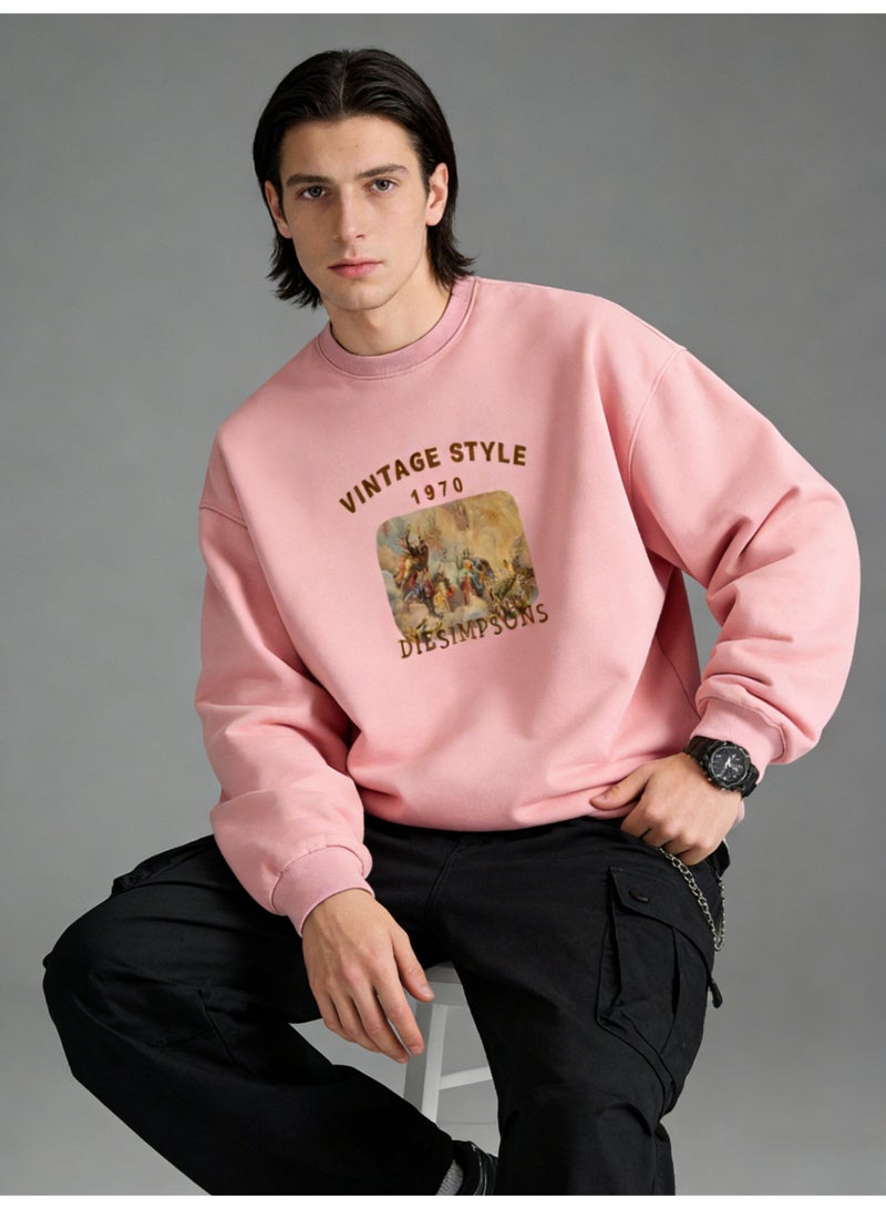 BM INS Dusty Pink "VINTAGE STYLE 1970" Art Painting Oversized Crew Neck Sweatshirt | Unisex Pullover With "DIE SIMPSONS" Print - Image 1